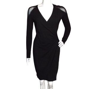CACHE Dress, M, Black, Sheer Mesh Cutout, Gathered waist, Long sleeves, Rayon